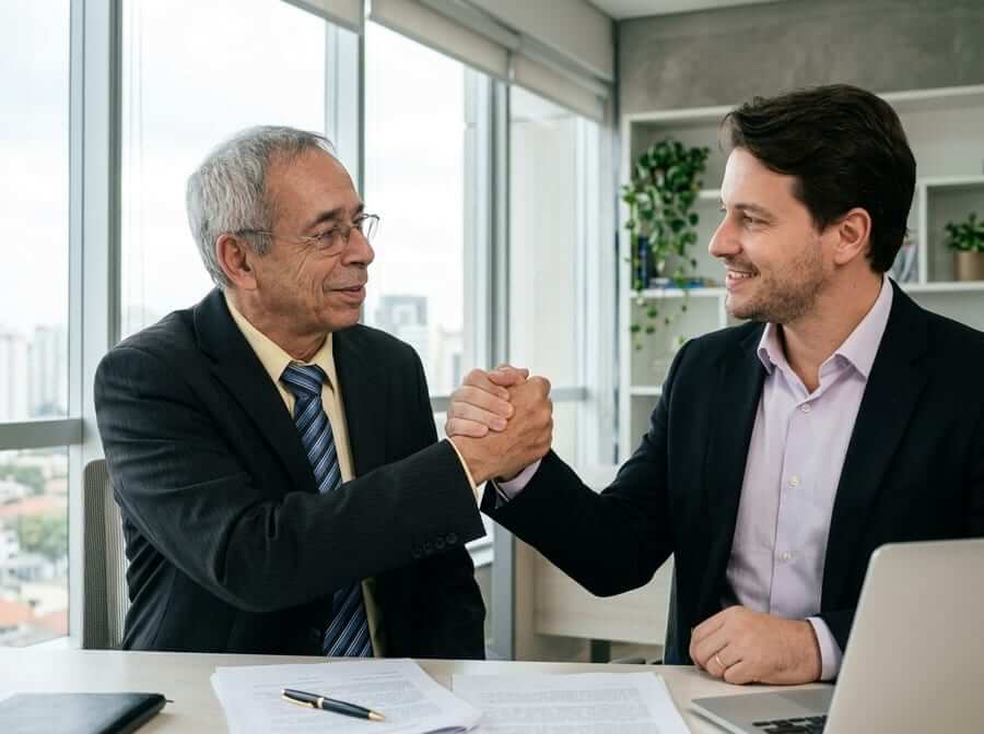 Sócios da agência cumprimentando cliente durante atendimento reservado