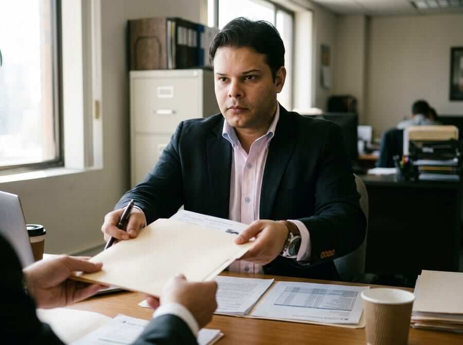 Sócio sênior entregando relatório de investigação ao cliente